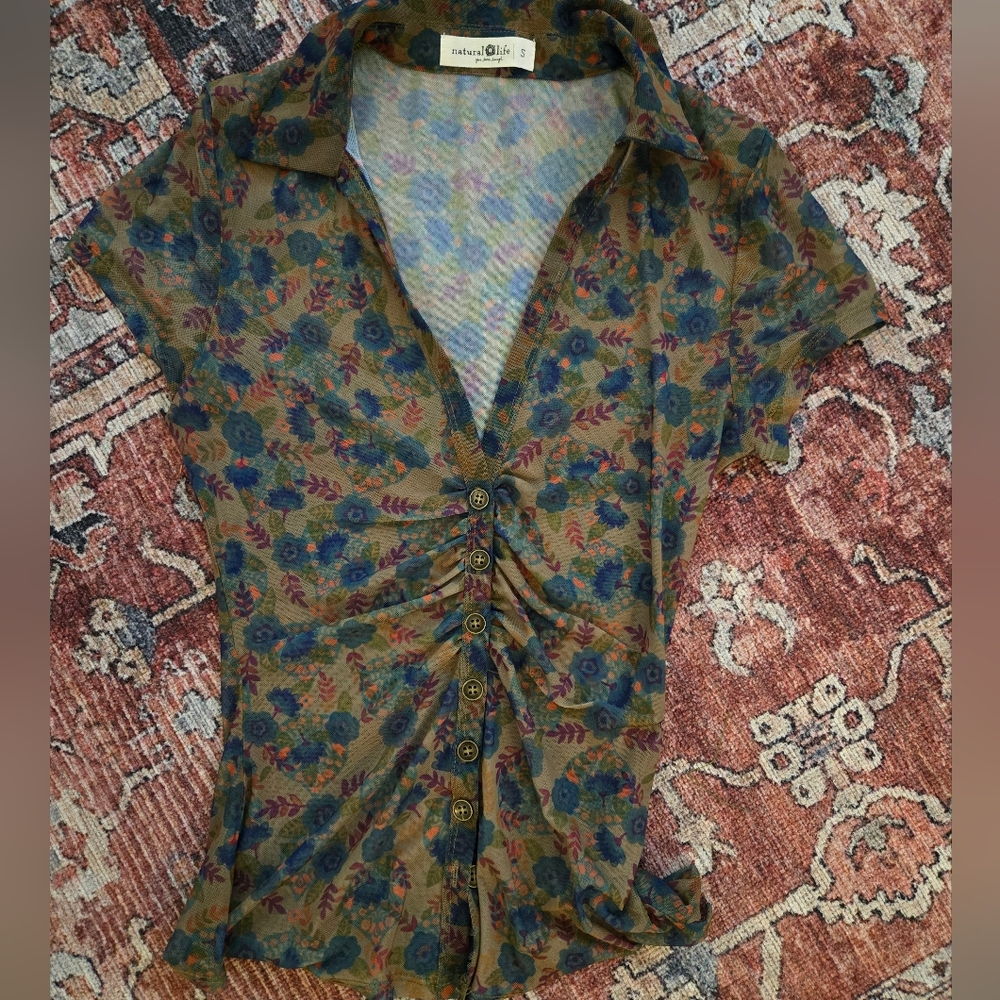Natural Life Mesh Button Down Cinched Floral Top Small